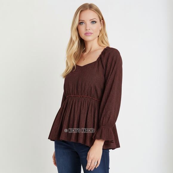 Maurices Rust Peplum Long Sleeve Blouse Square Neck Ruffle Hem Boho Top Size M - Picture 2 of 12